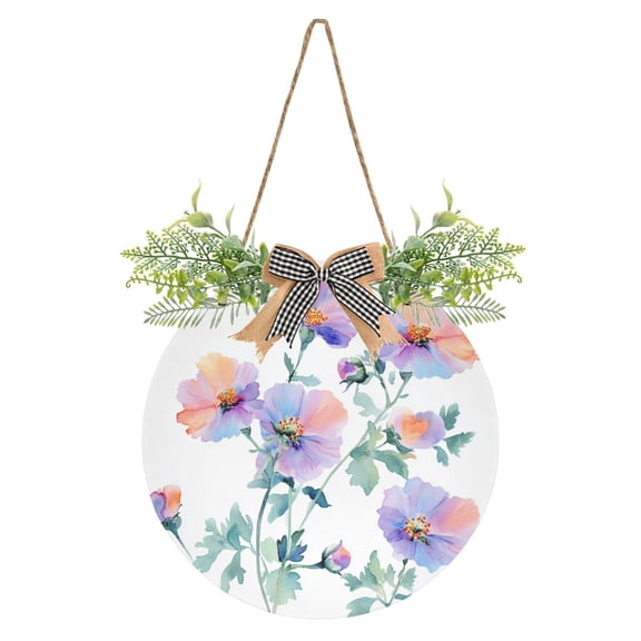 Watercolor Flower Note Front Door Porch Decoration Hanging Sign with Artificial Green Plants and Bow for Home Outdoor Indoor