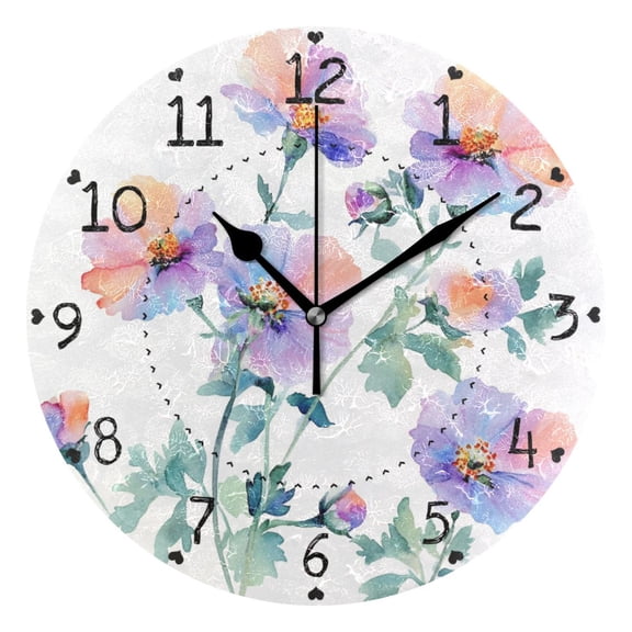Watercolor Flower Note Round Wall Clock Silent Battery Operated Home Decor for Living Room Bedroom