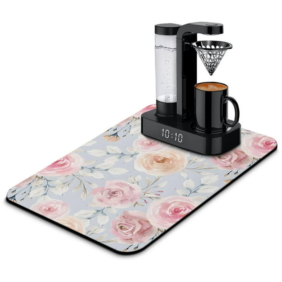 Watercolor Flower Pattern Coffee Bar Mat, Absorbent Vintage Dish Drying Pad, Botanical Kitchen Counter Protector