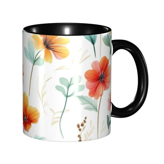 Watercolor Flower Pattern Coffee Mug Fun Custom Ceramic Mugs 11oz Black