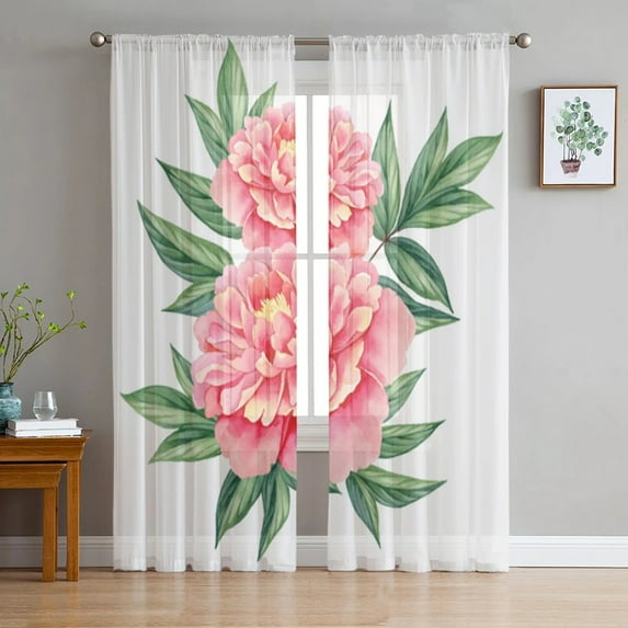 Watercolor Flower Peony Pink Green Leaves Vintage White Sheer Curtains Living Room Tulle Window Curtain Bedroom Kitchen Drapes