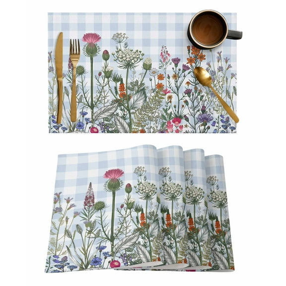 Watercolor Flower Placemats Set of 2 Pink Flowers Blue White Plaid Country Heat Insulation Washable Place Mats, Rustic Non-Slip Table Mats for Dining Table Party Kitchen Decor,13x19 Inch