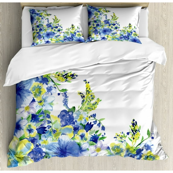 Watercolor Flower Queen Size Duvet Cover Set, Motley Floret Motifs with Splash Anemone Iris Revival of Nature Theme, Decorative 3 Piece Bedding Set with 2 Pillow Shams, Blue Yellow, by Ambesonne