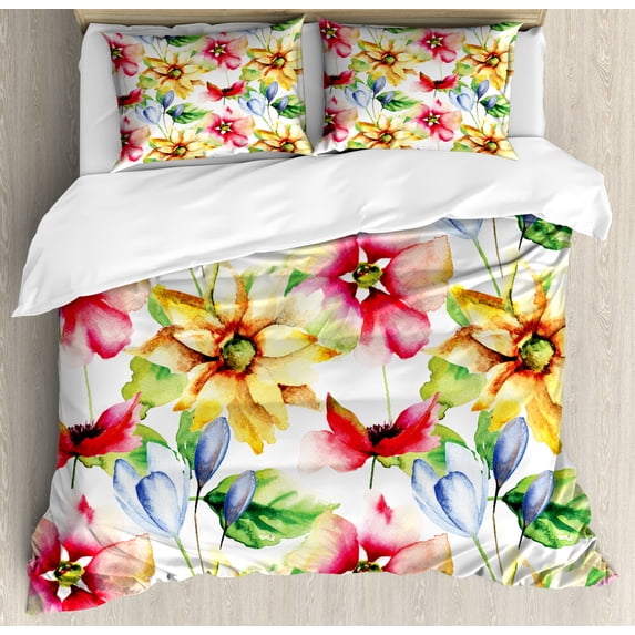 Watercolor Flower Queen Size Duvet Cover Set, Spring Flower Pattern Print with Watercolor Effect Country Style Artwork, Decorative 3 Piece Bedding Set with 2 Pillow Shams, Multicolor, by Ambesonne