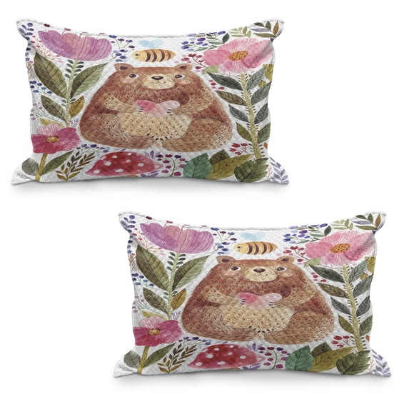 Watercolor Flower Quilted Pillowcover Set of 2, Bear Flowers and Bee Animal Nature Modern Illustration, Standard Queen Size Pillow Cover for Bedroom, 36" x 20", Multicolor, by Ambesonne