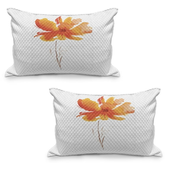 Watercolor Flower Quilted Pillowcover Set of 2, Single Poppy Flower on Plain Clear Background Nature Inspired Romantic, Standard Queen Size Pillow Cover Bedroom, 36" x 20", White Orange, by Ambesonne