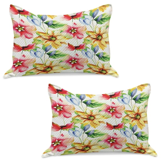 Watercolor Flower Knitted Quilt Pillowcover Set of 2, Spring Flora Pattern Print Painting Effect Country Style Art, Standard Queen Pillow Sham Bedroom, 30" x 20", Multicolor, by Ambesonne