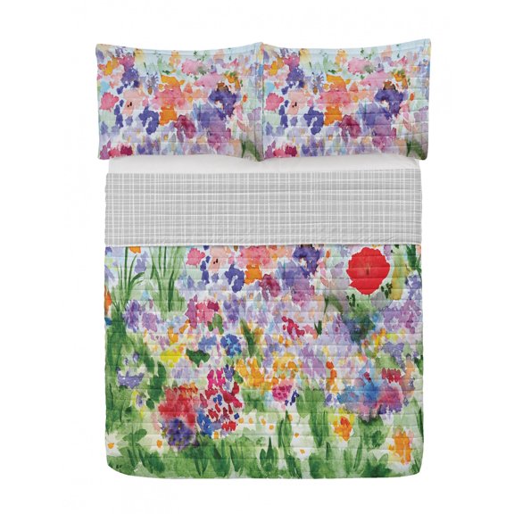 Watercolor Flower Reversible Bedspread Set, Floral Summer Garden Grass and Blooms Love Illustration Print, Pillow Shams & Comforter Microfiber Bedding Set, 3 Sizes, Red Green Purple, by Ambesonne