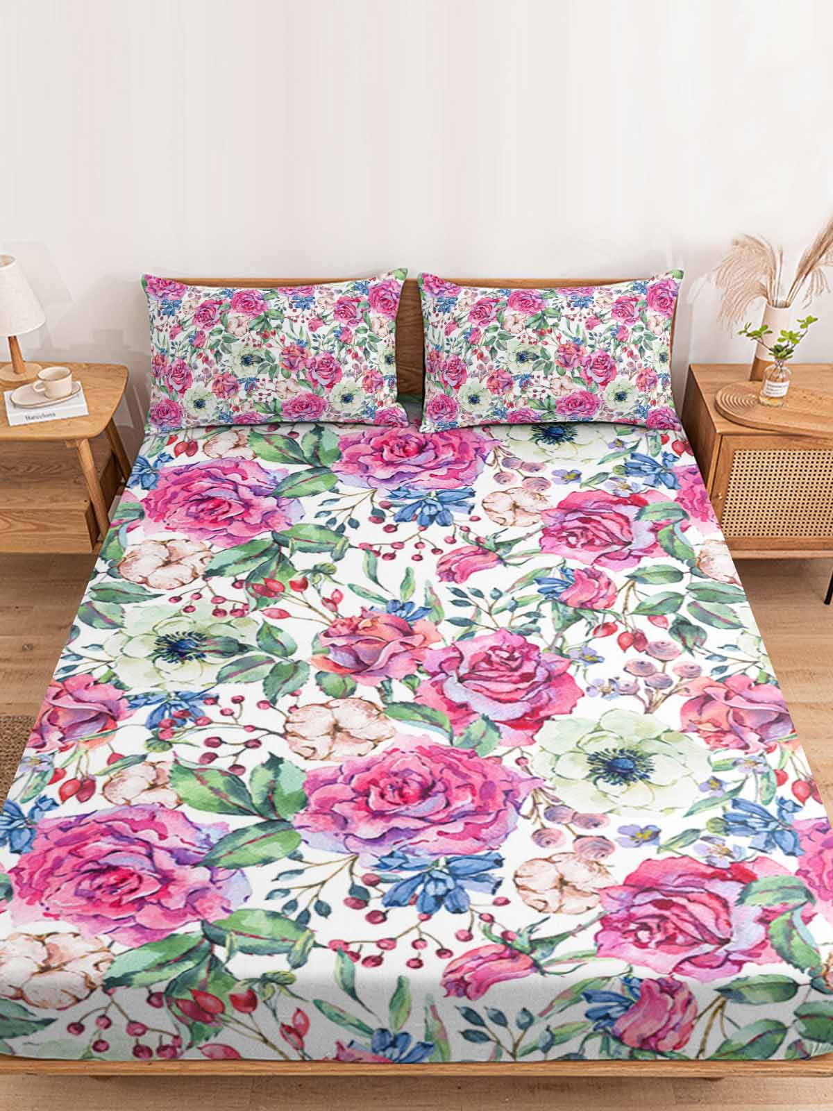 Watercolor Flower Rose Wild Fruit Fitted Bed Sheet Cover Elastic Band ...