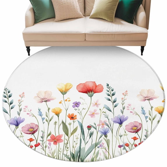 Watercolor Flower Round Area&nbsp;Rug 7ft Spring Red Pink Floral Plant Non-Slip&nbsp;Washable Circle Rugs Soft Felt Indoor Floor Mat for Bedroom Kitchen Living Room Bathroom