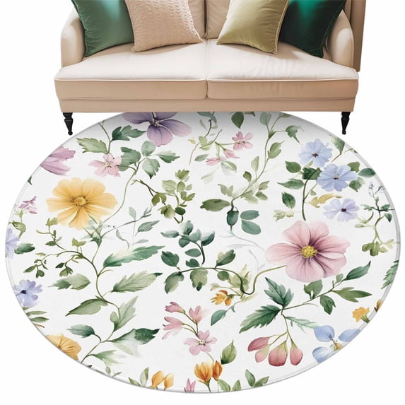 Watercolor Flower Round Area Rug 8ft Spring Herb Leaf Plant Non-Slip Washable Circle Rugs Soft Felt Indoor Floor Mat for Bedroom Kitchen Living Room Bathroom