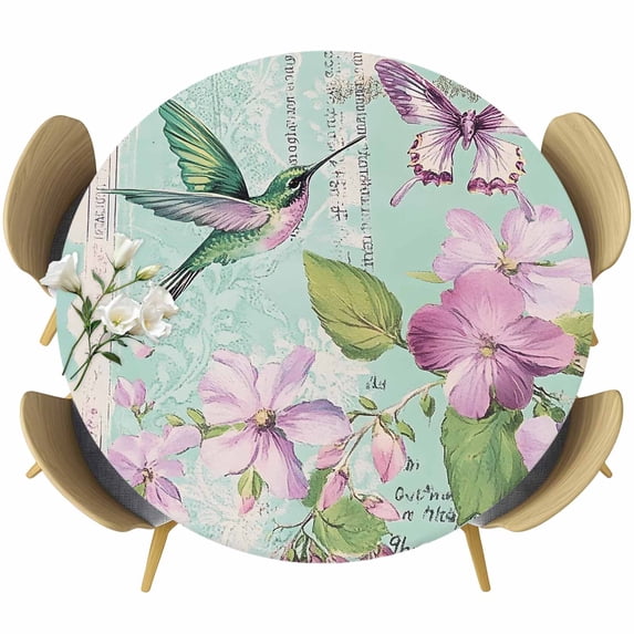 Watercolor Flower Round Fitted Table Cover Kingfisher Butterfly Teal Text Bottom Waterproof Table Cloth with Elastic Edge Wipeable Tablecloth for Picnic Camping Party Fits 45"-54" Diameter