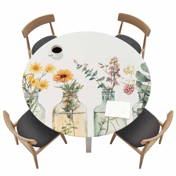 Watercolor Flower Round Fitted Tablecloth with Elastic Edge Vintage Eucalyptus Leaf Daisy Plant Table Cover Fit for 45"-54" Tables Waterproof Tablecloths for Dinner Camping Picnic