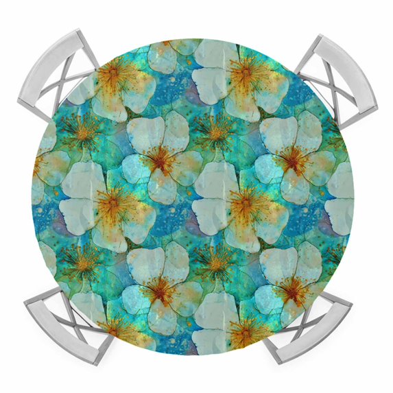 Watercolor Flower Round Tablecloth for 36-44 Inch Tables, Fitted Table Cover with Elastic Edge, Retro Abstract Floral Art Waterproof Outdoor Table Cloth Protector for Patio Garden Dinner Picnic