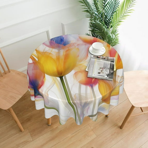 Watercolor Flower Round Tablecloth 60 Inch Polyester Table Cover Kitchen Dinning Washable Indoor Outdoor Party Wedding Picnic Holiday
