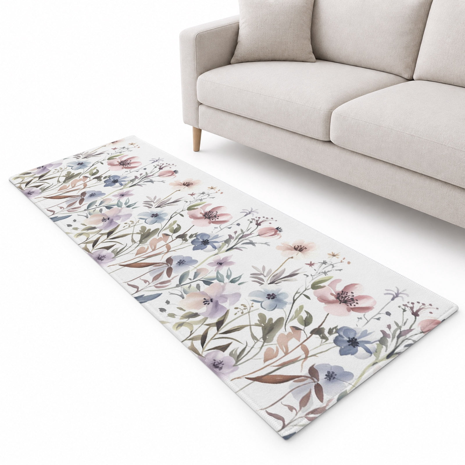 Watercolor Flower Runner Rug 2.6'x8', Grey Purple Floral Leaf Soft Mat ...