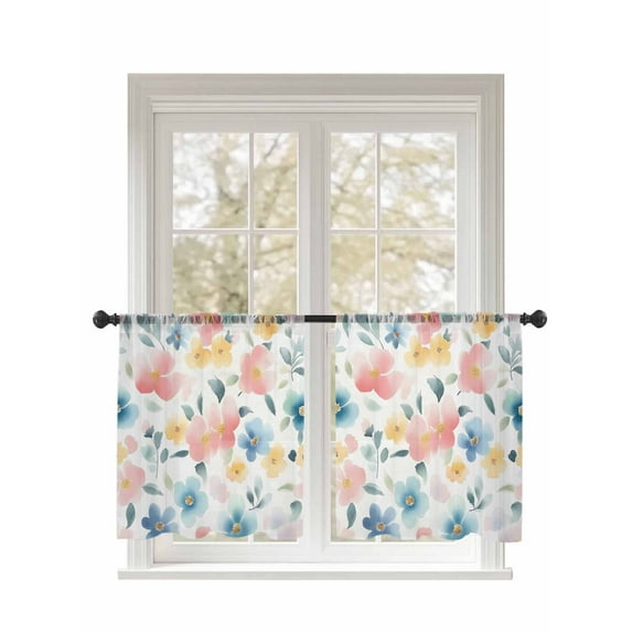 Watercolor Flower Sheer Curtains 2 Panels Set Retro Blue Pink Floral Garden Lihgt Filtering Rod Pocket Voile Drape, Semi Sheer Window Curtains for Bedroom Living Room, 52"x54"