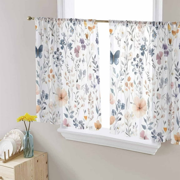 Watercolor Flower Sheer Curtains 45 Inch Length 2 Panels Set for Living Room/Bedroom, Spring Farm Leaf Country Retro Plant Curtain Sheers Drapes Rod Pocket Curtains Window Treatment Set 52''x45''x2