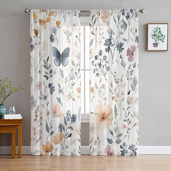 Watercolor Flower Sheer Curtains 63 Inches Length 2 Panels Set, Window Sheer Curtains for Living Room/Bedroom, Spring Farm Leaf Country Retro Plant Light Filtering Rod Pocket Curtain 52'' x 63'' x 2