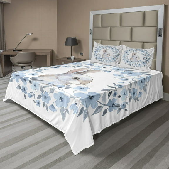 Ambesonne Country Fitted & Top Sheet Set with Shams, Rabbit Portrait, Blue Grey White