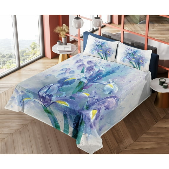 Watercolor Flower Sheet Set, Floral Background Irises in Fresh Colors Nature Earth, Fitted and Flat Sheet with Pillowcases Bedding Accent 4 Piece Set, Calking, Lilac Teal Ecru, by Ambesonne