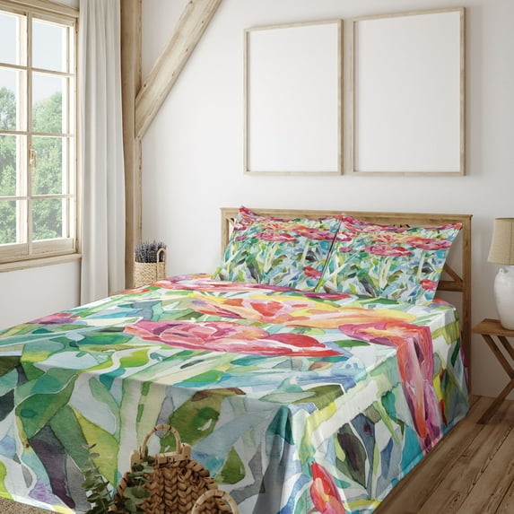 Ambesonne Colorful Fitted & Top Sheet Set with Shams, Summer Spring, Multicolor