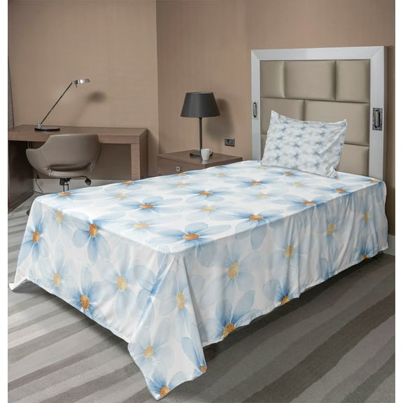 Watercolor Flower Sheet Set, Pastel Floral Pattern Print Chamomiles and Daisies Nature Art, Fitted and Flat Sheet with Pillowcase Bedding Accent 3 Piece Set, Twin XL, Blue Yellow White, by Ambesonne