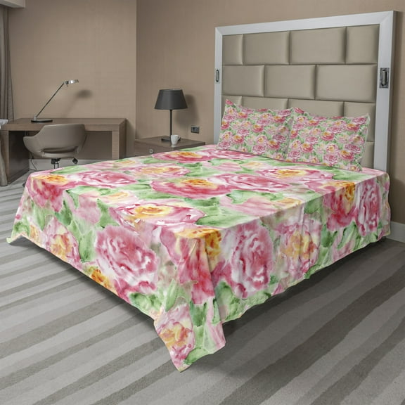 Ambesonne Rose Fitted & Top Sheet Set with Shams, Soft Blossoming, Pink Green