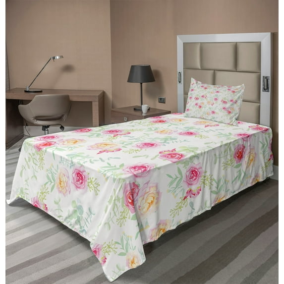 Ambesonne Rose Fitted & Top Sheet Set with Sham, Retro Painting, White Pink Green