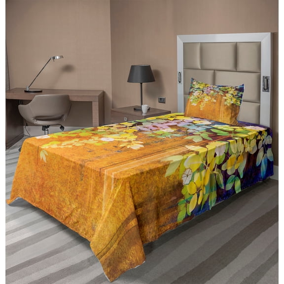 Watercolor Flower Sheet Set, Soft Colored Spring Flowers and Leaves on Misty Retro Backdrop Nature Art, Fitted and Flat Sheet Pillowcase Bedding Accent 3 Piece Set, Twin XL, Multicolor, by Ambesonne