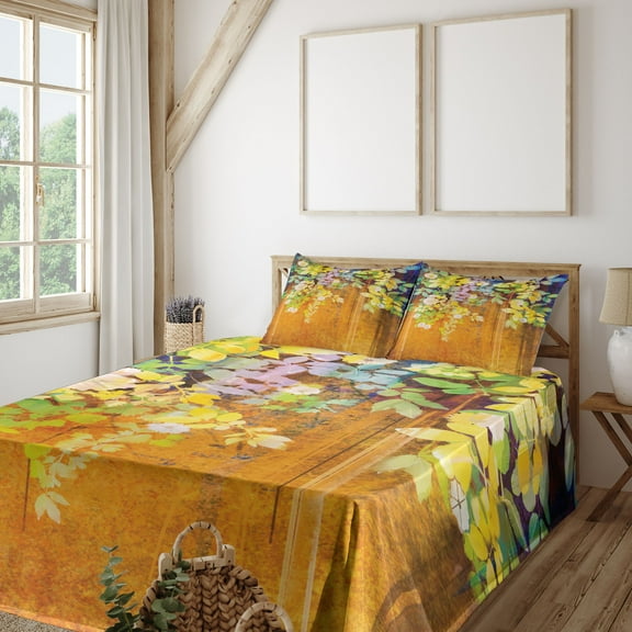 Ambesonne Colorful Fitted & Top Sheet Set with Shams, Misty Backdrop, Multicolor