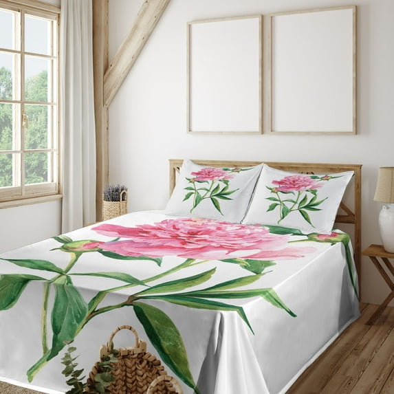 Ambesonne Nature Fitted & Top Sheet Set with Shams, Vintage Peony, Pink White Green