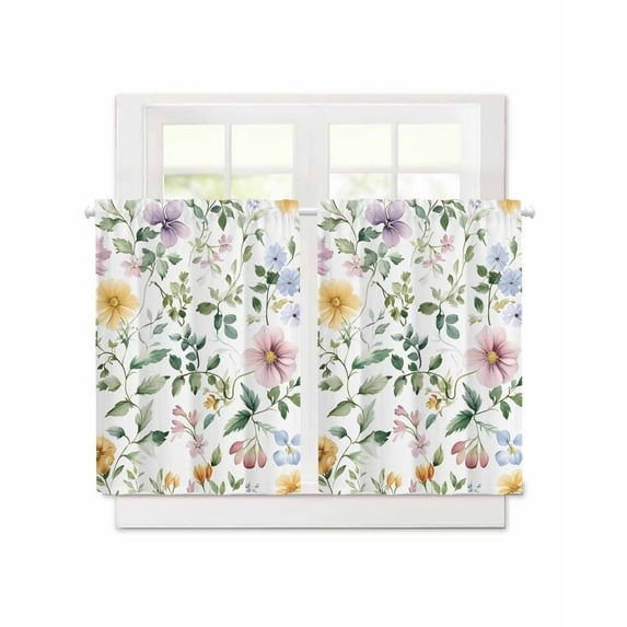 Watercolor Flower Short Blackout Curtains 45 Inch Long Spring Herb Leaf Plant Rod Pocket Kitchen Curtains, 2 Panels Thermal Insulated Room Darkening Drapes for Bedroom, 30"W x 45"L