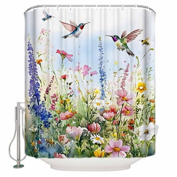 Watercolor Flower Shower Curtain, 72" x 72", Hummingbird Hand-painted Flowers Bird Waterproof Bathroom Curtain Washable Shower Curtain Set with 12 Hooks