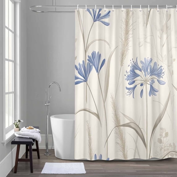 Watercolor Flower Shower Curtain for Bathroom Decor, Vintage Blue Floral Rustic Country Farm Beige Waterproof Fabric Shower Curtain, 60"x72" Set with 12 Hooks