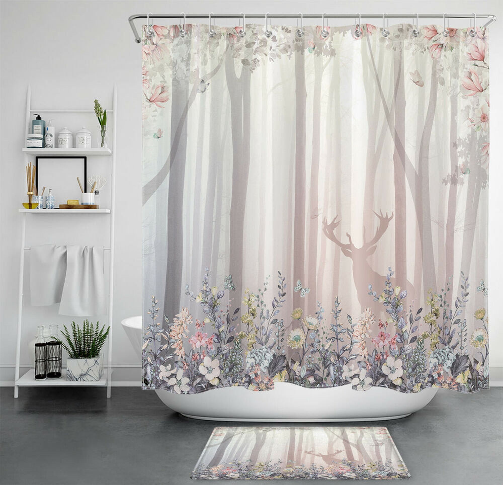 Watercolor Flower Shower Curtain Forest Floral Wild Animals Deer