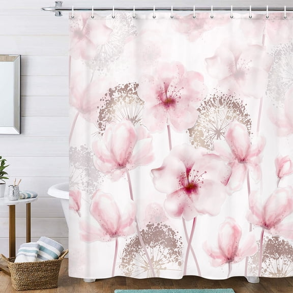 Watercolor Flower Shower Curtain, Rustic Chic Elegant Pink and White Flowers Waterproof Fabric Bathroom Curtains, Elegant Dandelions Minimalist Art Bathroom Shower Curtain with 12PCS Hooks, 70X70IN