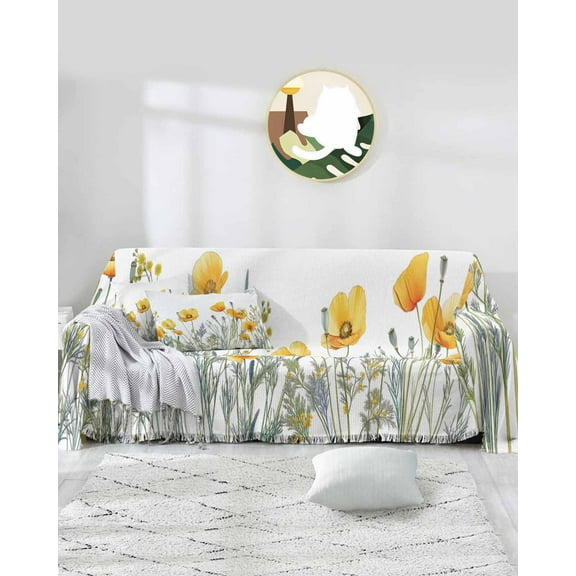 Watercolor Flower Sofa Covers for 3 Cushion Couch,Washable Sectional & L Shape Couch Covers for Dog/Cat/Kid,Spring Herbs Modern Minimalist White Non Slip Sofa Slipcover Tassel Futon Cover 71x150