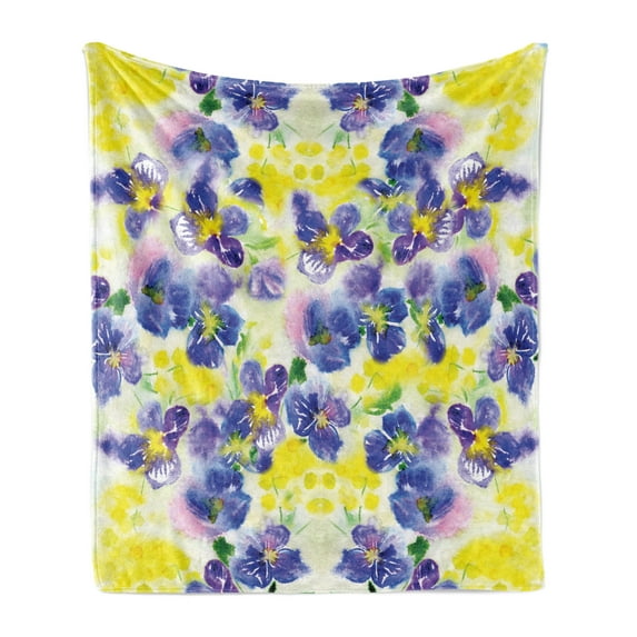 Watercolor Flower Soft Flannel Fleece Blanket, Butterfly Violet Field Garden in Vivid Colors Nature Environment Print, Cozy Plush for Indoor and Outdoor Use, 50" x 70", Yellow Purple, by Ambesonne