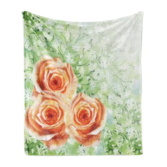 Watercolor Flower Soft Flannel Fleece Blanket, Hand Drawn Old Persian Roses on Grass Perennial Botanic Artwork Print, Cozy Plush for Indoor and Outdoor Use, 60" x 80", Orange Green, by Ambesonne