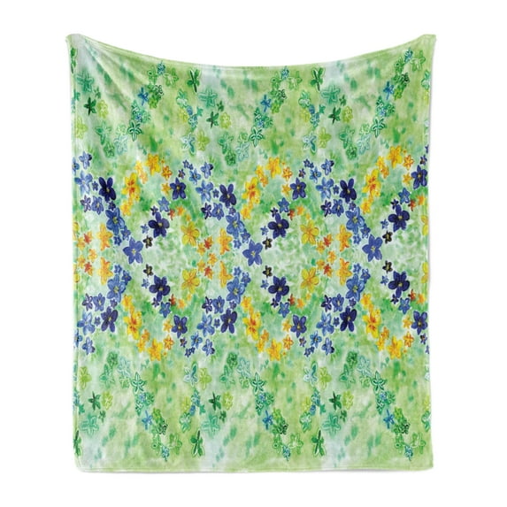 Watercolor Flower Soft Flannel Fleece Blanket, Orderly Symmetric Interlace Japanese Inspired Garden Flowers Hand Drawn, Cozy Plush for Indoor and Outdoor Use, 60" x 80", Green Blue, by Ambesonne