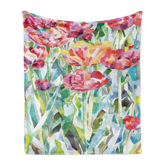 Watercolor Flower Soft Flannel Fleece Blanket, Painting of Summer Spring Flowers in Faded Colors Floral Seasonal Print, Cozy Plush for Indoor and Outdoor Use, 50" x 60", Multicolor, by Ambesonne