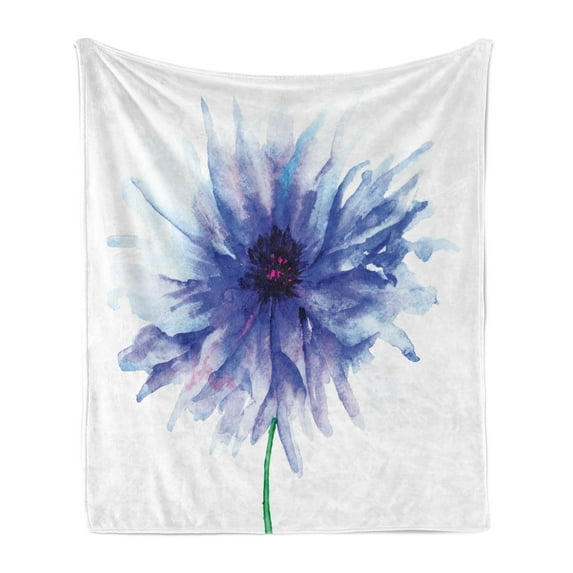 Watercolor Flower Soft Flannel Fleece Blanket, Single Large Petite Cornflower Plain Background Mother Earth Paint, Cozy Plush for Indoor and Outdoor Use, 70" x 90", Navy Blue White, by Ambesonne
