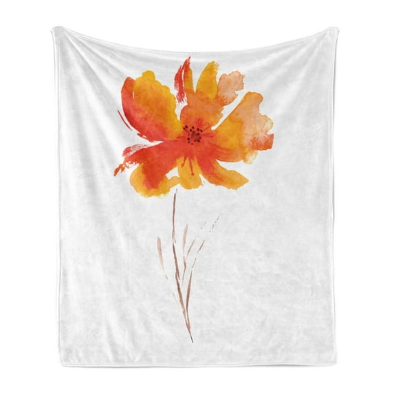 Watercolor Flower Soft Flannel Fleece Blanket, Single Poppy Flower on Plain Clear Background Nature Inspired Romantic, Cozy Plush for Indoor and Outdoor Use, 50" x 60", White Orange, by Ambesonne