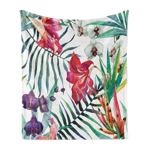 Watercolor Flower Soft Flannel Fleece Blanket, Tropical Wild Orchid Flowers with Palm Leaves Print Exotic Style Nature, Cozy Plush for Indoor and Outdoor Use, 70" x 90", Multicolor, by Ambesonne
