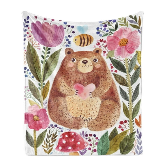 Watercolor Flower Soft Flannel Fleece Throw Blanket, Bear Flowers and Bee Animal Nature Modern Illustration, Cozy Plush for Indoor and Outdoor Use, 50" x 70", Multicolor, by Ambesonne
