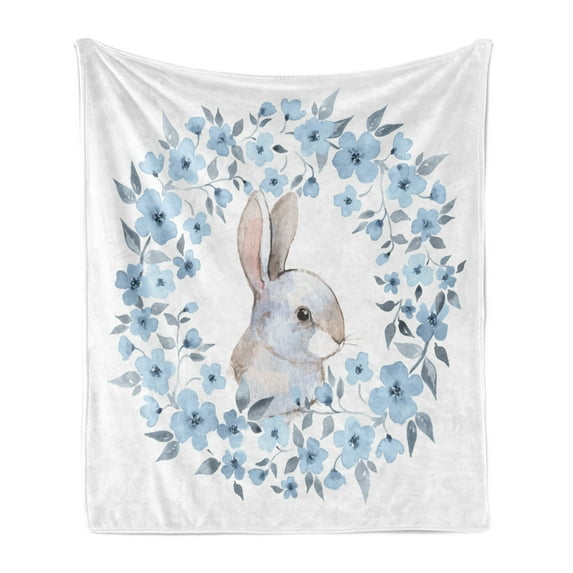 Watercolor Flower Soft Flannel Fleece Throw Blanket, Bunny Rabbit Portrait in Floral Wreath Illustration Country Style, Cozy Plush for Indoor and Outdoor Use, 50" x 70", Blue Grey White, by Ambesonne