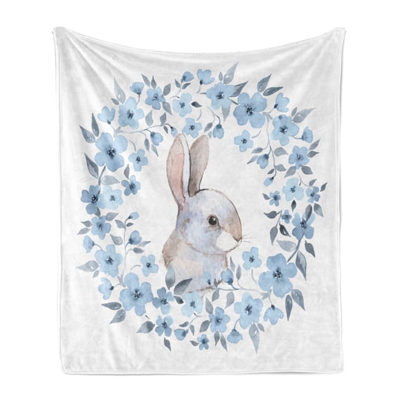 Watercolor Flower Soft Flannel Fleece Throw Blanket, Bunny Rabbit Portrait in Floral Wreath Illustration Country Style, Cozy Plush for Indoor and Outdoor Use, 60" x 80", Blue Grey White, by Ambesonne