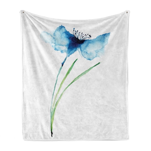 Watercolor Flower Soft Flannel Fleece Throw Blanket, Cornflower Summer Botanic Floral Blooming Plants Print, Cozy Plush for Indoor and Outdoor Use, 50" x 60", Navy Blue White Green, by Ambesonne