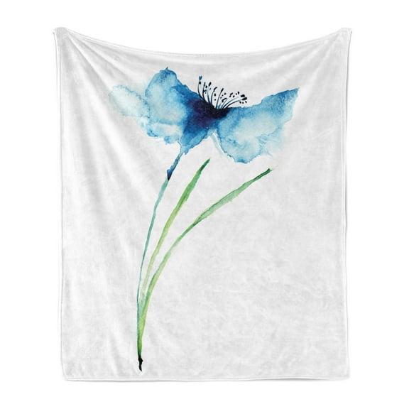 Watercolor Flower Soft Flannel Fleece Throw Blanket, Cornflower Summer Botanic Floral Blooming Plants Print, Cozy Plush for Indoor and Outdoor Use, 70" x 90", Navy Blue White Green, by Ambesonne